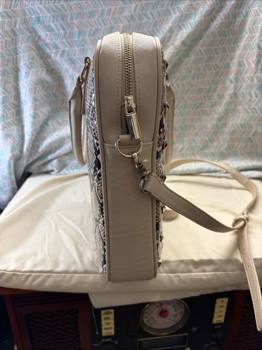 White House Black Market Snake-Print Laptop Tote in Beige and Black